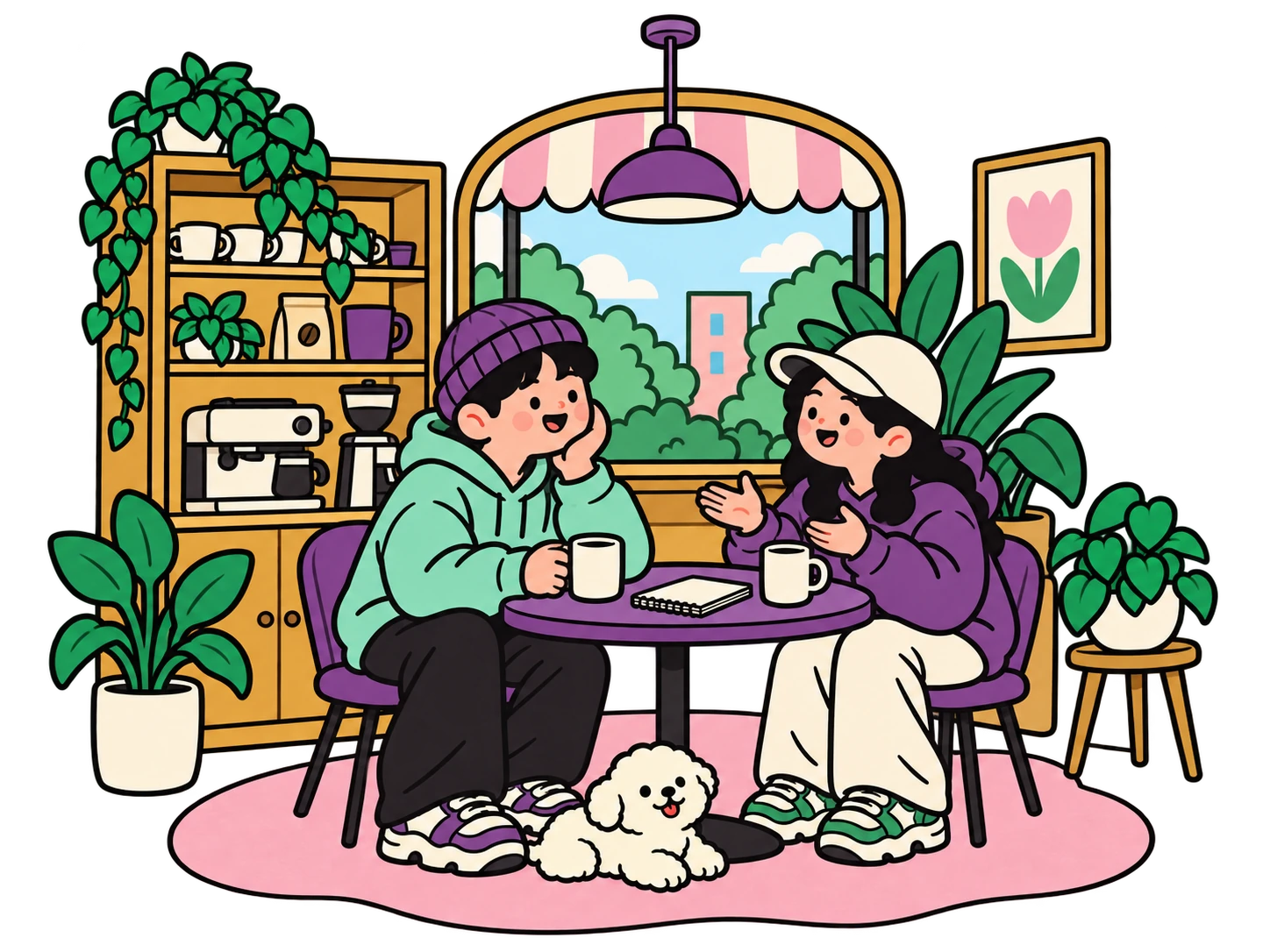 창문과 식물이 있는 카페에서 상담사와 기획자가 커피를 마시며 대화하는 장면