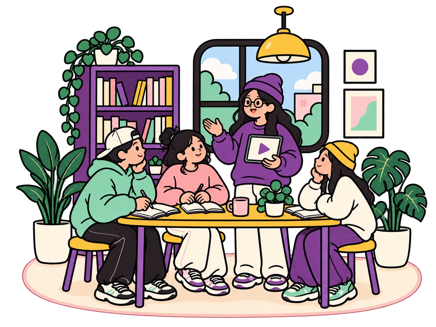 아치형 창문과 책장이 있는 교육 공간에서 함께 배우는 상담사와 참여자들